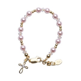 Cherished Moments First Communion Gift for Girls 14K Gold-plated Bracelet with Pink High-End Simulated Pearls and Cross Charm (LG)