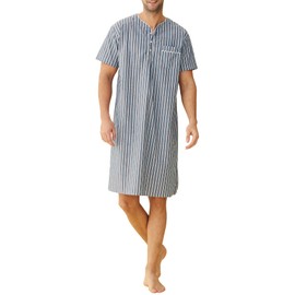 Latuza Men's Plaid Nightshirt Cotton Sleep Shirt, Charcoal Stripe, Medium