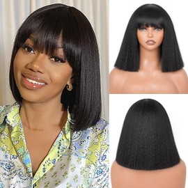 Marshey Blunt Cut Bob Wig with Bangs Kinky Straight Wig Synthetic Hair Short Yaki Straight Black Wig Shoulder Length 12 Inch for Daily Party Wedding Cosplay