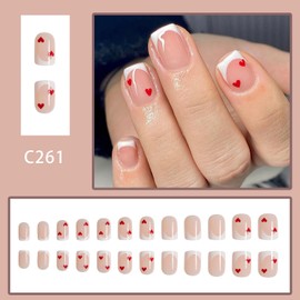 Vezocim Valentine's Day Press on Nails Short Square French Tips Heart Glossy Full Cover Coffin Acrylic Fake Nails with Designs Heart Reusable False Nails with Glue Stick on Fingernails for Women