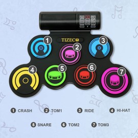 Electric Drum Set for Kids, 7 Pad Practice Drums, Electronic Drum Pad with Drum Sticks and Headphone Jack, Beginner Roll Up Drum, Bulit in Speakers