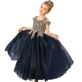 Formal Girls Tulle Long Pageant Dresses Prom Ball Gown Gold Lace Beaded (Size 6, Navy)