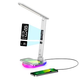 Morwealth LED Desk Lamp with 10W QI Wireless Charging, Flexo Table Lamp with 3 Colors and 5 Brightness Levels with Charging Function,USB,Clock,Temperature,LCD,Date,Touch Control. (White)