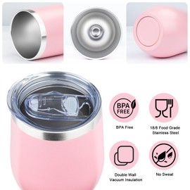 MEZMUT - Vaso de vino aislado de 12 onzas con tapa, doble pared al aspiradora, acero inoxidable, taza de café aislada para Champaign, cóctel, cerveza (rosa, 1 unidad)