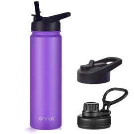 mininoo 24 oz Insulated Water Bottle with Straw, Stainless Steel Double Wall Vacuum Thermos with Straw Lid & Chug Lid, Leak Proof, BPA Free, Keep Cold for 24H & Hot for 12H(Purple)