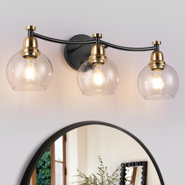 PAZALA Black and Gold 3 Lights Vintage Bathroom Vanity Light Fixtures Over Mirror Industrial Globe Clear Glass Farmhouse Wall Sconces Fixture(Exclude Bulb)