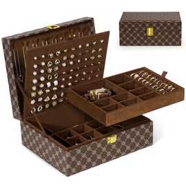 4 Layer Jewelry Box for Women, Travel Jewelry Case, Earring Holder Organizer: Jewelry Organizer for Earrings Necklace Rings Bracelets PU Surface, Travel Jewelry Box with Lock, Christmas Gifts, Brown