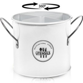 Noamus Vintage Farmhouse Utensil Holder, 4 Compartment Metal Silverware Cutlery Caddy with Removable Divider, Round Flatware Organizer with Handle for Kitchen Countertop, Fork Spoon Knife, White