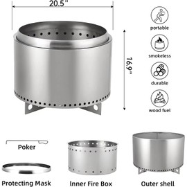 GarveeLife 20 Inch Smokeless Fire Pit, Portable Outdoor Fire Pit with Removable Stand and Ash Pan, Perfect for 4-6 People Bonfire, Camping, Picnic, Family Gatherings for Garden