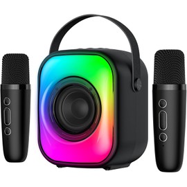 SIMGAL Mini Karaoke Machine with Two Wireless Microphones, Portable Bluetooth Speaker for Adults and Kids with RGB Backlight, Speaker Supports for TF Card/USB, AUX in (Black)