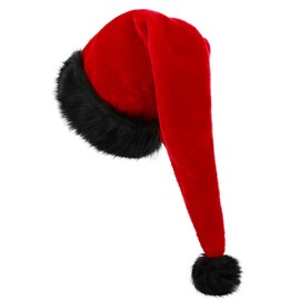 KONVINIT Long Christmas Hat Adult Black Plush Santa Hat with Thick Fur Edge, Santa Claus Hat for Christmas Party, Red and Black