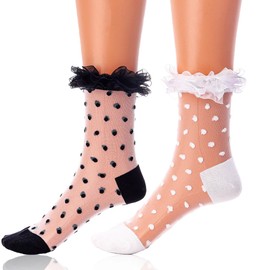 Miaband Ruffle See Through Socks Dot Lace Sheer Socks Tulle Cool Mesh Ankle Socks for Women 2 Pairs (US, Alpha, One Size, Regular, Regular, Ruffle)