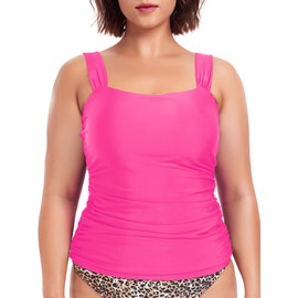 RELLECIGA Women's Hot Pink Bandeau Ruched Tankini Top Swimsuits Size X-Large