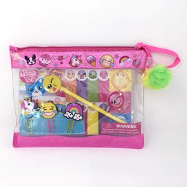 Hot Focus Sticky Note Fun, EMOJI. Pouch with Rainbow Pom Pom. Notepad, Pencil Sharpener, 3D Paper Clips, 11 Sticky Notes, Pencil with Eraser Topper. Best School Day Tools & Supplies for Kids/Girls/Twe