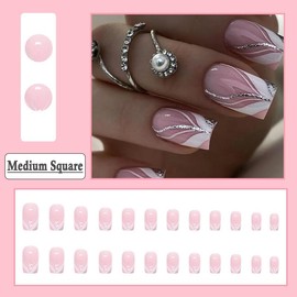 BAOYAALIN Nude Pink Press on Nails Medium Square Fake Nails with Swirl Glitter Design Artificial Acrylic False Press ons Full Cover Stick on Nail for Women Girls Daily Wear Wedding Manicure 24Pcs