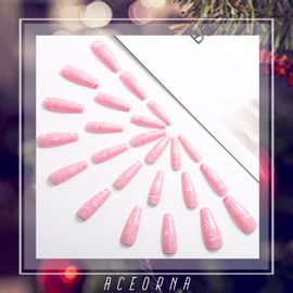 Aceorna Long Coffin Press on Nails Snowflake Matte Fake Nails Xmas Full Cover Acrylic Nail Christmas False Nails for Women and Girls 24PCS (Type D)