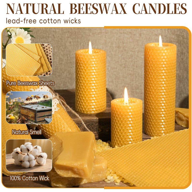 Pure Beeswax Pillar Candles,3 Pack Hand-Rolled Natural Beeswax Candles(1.77x3in,2x4in,2x6in) 60