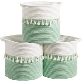 danpinera 11 Inch Woven Baskets for Storage, 3 Storage Baskets for Organizing in Laundry, Bathroom, Kitchen, Cute Rope Boho Baskets for Shelves, Decorative Storage Basket, Green