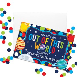 Amanda Creation Out Of This World Outer Space Themed Teacher Appreciation Blank Folded Cards Single (1) Greeting Card For Teacher, 4"x 6" (when folded)