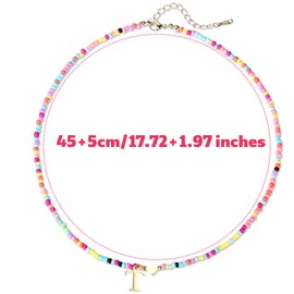Mikovivi Colorful Beaded Initial Necklace for Women, Boho Letter Pendant Necklace with Adjustable Chain Trendy Alphabet Choker Gift Summer Jewelry (T)