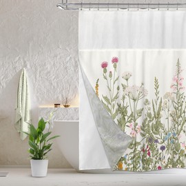 Riyidecor Shower Curtain with Snap in Liner Set for Bathroom Decor 72Wx72H Sage Green Rustic Floral Plant Herb Wildflower Leave Spring Art Printed Fabric Polyester Waterproof 12 Pack Metal Hooks