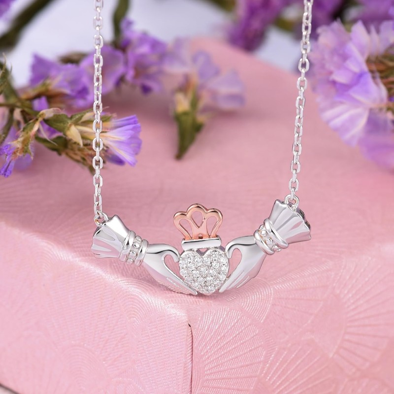Irish Claddagh Necklace 925 Sterling Silver Heart Birthstone Gift（April）