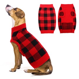 Classic Plaid Dog Sweater with Leash Hole, Warm Stretchy Knitwear for Small Medium Dog, Soft Jacquard Knit Pullover with Elastic High Collar for Spring Fall Winter Christmas Cold Weather Daily Wear
