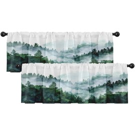 Emvency 2 Pack Valances Window Treatments, Green Misty Forest Nature Tree Mountain Blackout Drapes Adjustable Curtain Valances for Windows Living Room Kitchen Over Sink, 18x52 Inch Rod Pocket Valances
