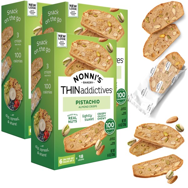Nonni's THINaddictives Almond Thin Cookies - 3 Boxes Pistachio Almond Cookie Thins - Sweet Crunchy & Chewy Almond Cookies - Biscotti Individually Wrapped Cookies - Kosher Coffee Cookies - 4.4 oz
