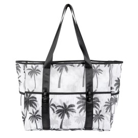 KUAK Mesh Beach Bag Extra Large Lightweight Foldable Printed Mesh Tote Bags with 9 Pockets, Zip Closure, Inner Waterproof Pocket for Swim Pool Shopping Picnic Family Vacation Travel
