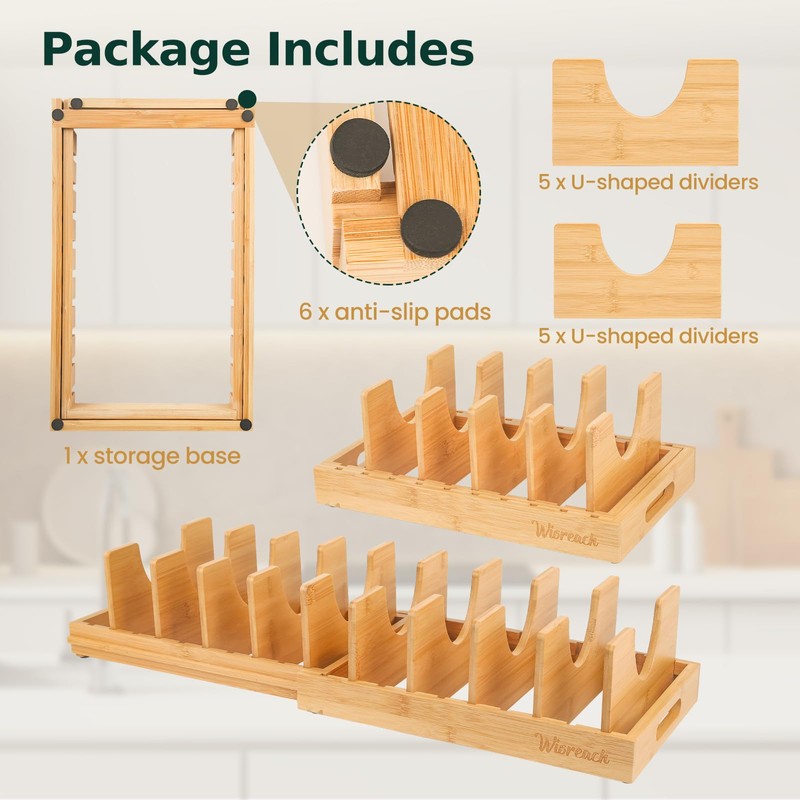 Wisreach Bamboo Pot Lid Organizer, Adjustable Kitchen Organizer for Cabinet,
