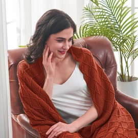 inhand Knitted Throw Blankets for Couch and Bed, Soft Cozy Knit Blanket with Tassel, Orange Rust Lightweight Decorative Blankets and Throws, Farmhouse Warm Woven Blanket for Men and Women, 60"x80"