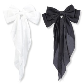 WENSIDUO 2 Pcs Silky Satin Bow Hair Clips, Black White large Bowknot Hair Barrettes Ribbon with Long Tails Hair Accessories for Women Girls.