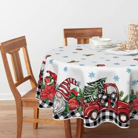 Horaldaily Christmas Tablecloth 90×90 Inch Round, Gnome Truck Gifts Black Buffalo Plaid Washable Seasonal Table Cover for Party Picnic Dinner Decor
