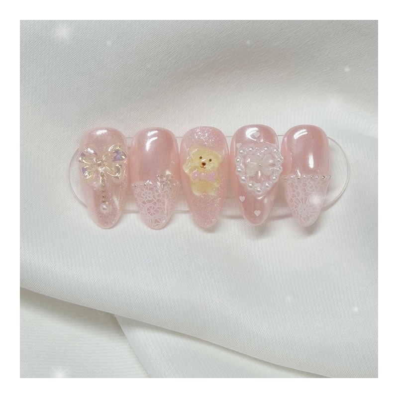 [Handmade Nail Tips] Apricot Lace Nail Tips - Long Oval