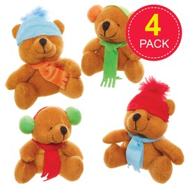 Baker Ross FX599 Winter Teddy Bear Soft Toys - Pack of 4, Christmas Party Bag Fillers for Kids