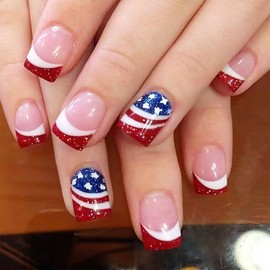 Independence Day Press on Nails 4th of July Fake Nails Stars Lines Glitter Blue Glue on Nails Red White French Tip False Nails Short Square Nails Press ons Artificial Stick on Nails for Women 24Pcs