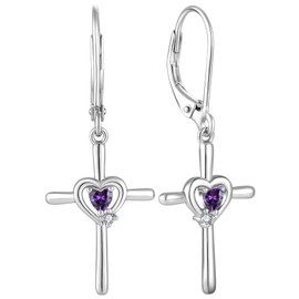JIWOY Cross Dangle Drop Earrings 925 Sterling Silver Crucifix Earrings Religious Heart Birthstone Leverback Jewelry, Metal, Created Amethyst