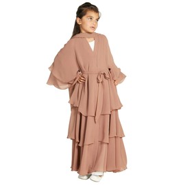 OBEEII Muslim Cardigan for Girls Solid Color Prayer Dress Islamic Dubai Abaya Clothing Casual Ramadan Party Long Sleeve Cardigan Muslim Robe with Hijab Khaki 13-14 Years