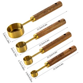 Hwtcjx Messlöffel Set, Edelstahl Teelöffel, 4 Stück Cup Messbecher mit Holzgriff, Löffel Set mit Skala, Gewürzlöffel Esslöffel Dosierlöffel für Klein Gewürzgläser Flüssigkeit Backmessen (Gold)