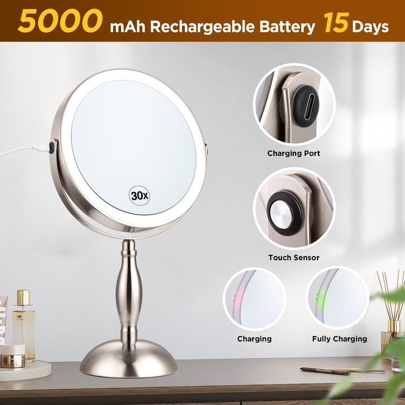 Makeup Mirror with Light, 30x Magnifying Mirror with 3 Lights