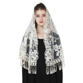 BEAUTELICATE Mantilla Lace Catholic Scarf Veil Stole with Tassel Black White for Women Mass Latin Chapel Church Wedding V118, champagne floral embroidery