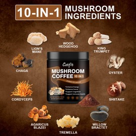Mushroom Coffee Powder, 10 Mushroom Blend Supplements with Lion's Mane, Chaga, Cordyceps, L-Theanine for Energy, Focus, Cognitive and Immunity, 50 Serving