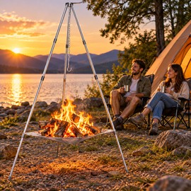 Portable Camping Fire Pit Tripod for Outdoor Campfires – Foldable Stainless Steel Stand with Fire Mesh for Camping & Backyard Use