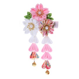 C-115-3 Pink White Handmade Sakura Cherry Blossom Fabric Flowers Tassels Hair Clip Hair Clip Hair Clip Japanese Geisha Kimono Accessory