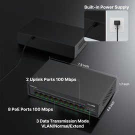 Real HD 10 Port PoE Switch, 8 Ports PoE+ 2 Uplink Unmanaged 100Mbps Switch, High Total Power Budget 120W, 802.3af/at Compliant, Work with IP Cameras VOIP Phones