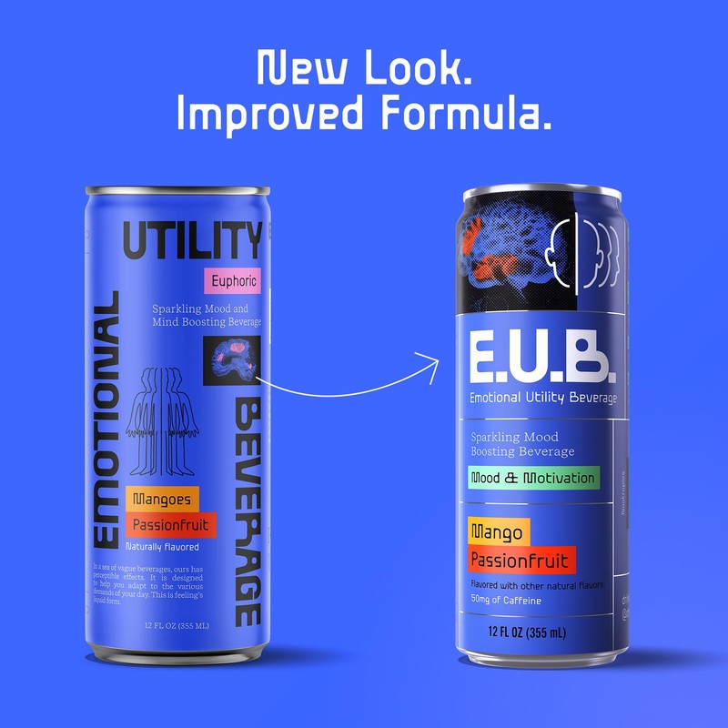 E.U.B. Mango Passionfruit Sparkling Functional Beverage, 12oz Can, 50mg Caffeine,