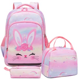 Unicorn Backpacks for Children Girls Primary School Backpack Cute Children's Backpack for Girls Backpacks, Rabbit Flower Pink, Unicorn Rabbit Pattern
