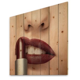 DesignQ Red Lipstick Getting Applyed On Lips Modern & Contemporary Wood Wall Decor, Red Wood Wall Art, Large People Wood Wall Panels Printed On Natural Pine Wood Art