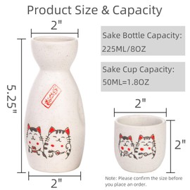 Tlence 5 Pieces Ceramic Japanese Sake Set, Cute Maneki Neko Sake Cups, Saki Set with 1 Serving Carafe Bottle 4 Cups in Lucky Fortune Cat Pattern for Hot Drink, Home Decoration, Gift, Dishwasher Safe